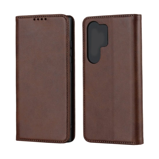 Leather Flip Cover with Internal Pocket For Samsung Galaxy S23 Ultra Brown